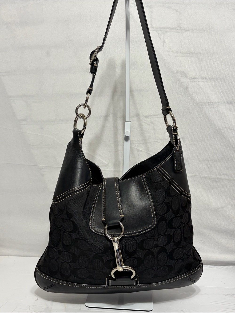 Coach Black Signature Canvas & Leather Hobo Shoulder Bag with Silver Hardware